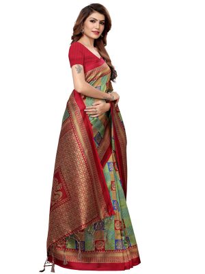 Rosy Maroon Pista Printed Mysore Art Silk Kanjivaram Sarees With Blouse