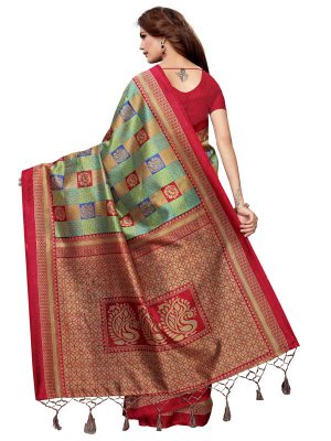 Rosy Maroon Pista Printed Mysore Art Silk Kanjivaram Sarees With Blouse