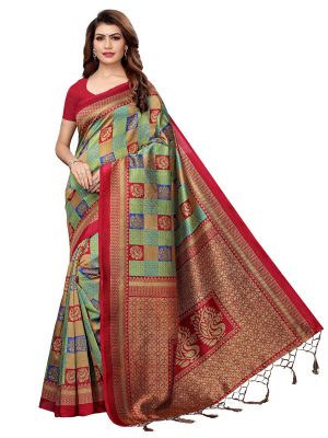 Rosy Maroon Pista Printed Mysore Art Silk Kanjivaram Sarees With Blouse