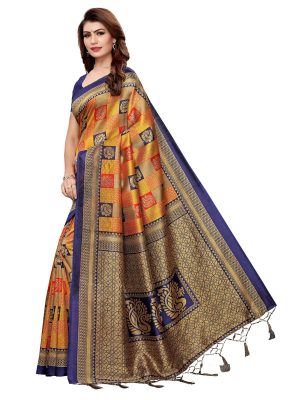 Rosy Navy Orange Printed Mysore Art Silk Kanjivaram Sarees With Blouse