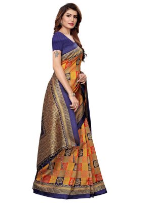 Rosy Navy Orange Printed Mysore Art Silk Kanjivaram Sarees With Blouse