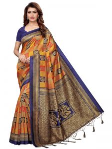 Rosy Navy Orange Printed Mysore Art Silk Kanjivaram Sarees With Blouse