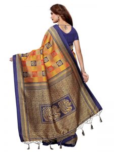 Rosy Navy Orange Printed Mysore Art Silk Kanjivaram Sarees With Blouse