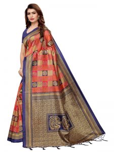 Rosy Navy Red Printed Mysore Art Silk Kanjivaram Sarees With Blouse