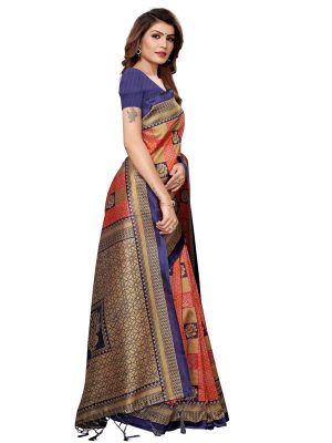 Rosy Navy Red Printed Mysore Art Silk Kanjivaram Sarees With Blouse