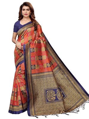 Rosy Navy Red Printed Mysore Art Silk Kanjivaram Sarees With Blouse