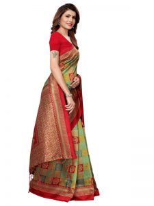 Rosy Red Pista Printed Mysore Art Silk Kanjivaram Sarees With Blouse