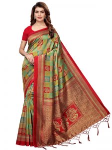 Rosy Red Pista Printed Mysore Art Silk Kanjivaram Sarees With Blouse