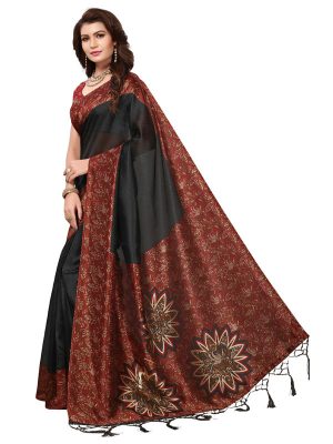 Safina Black Printed Mysore Art Silk Kanjivaram Sarees With Blouse