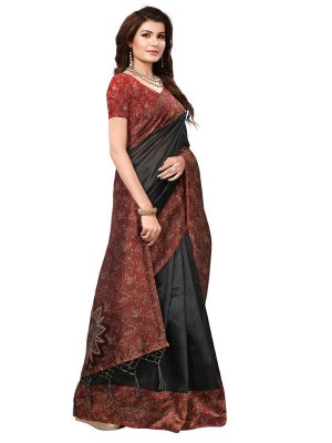 Safina Black Printed Mysore Art Silk Kanjivaram Sarees With Blouse