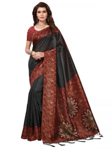 Safina Black Printed Mysore Art Silk Kanjivaram Sarees With Blouse