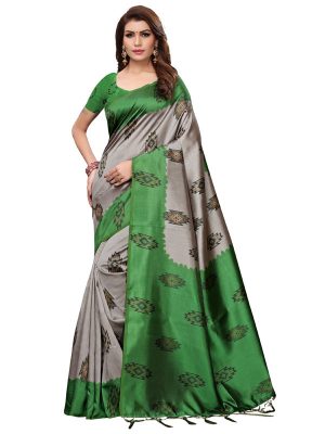 Shilpa Green Printed Mysore Art Silk Kanjivaram Sarees With Blouse