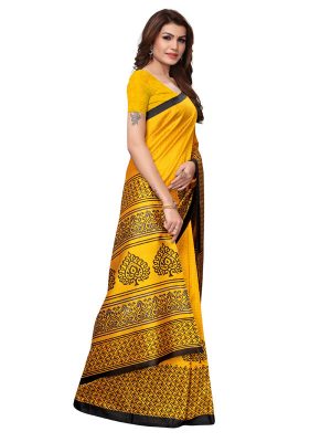 Suryamukhi Yellow Printed Mysore Art Silk Kanjivaram Sarees With Blouse