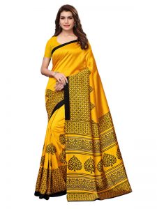 Suryamukhi Yellow Printed Mysore Art Silk Kanjivaram Sarees With Blouse