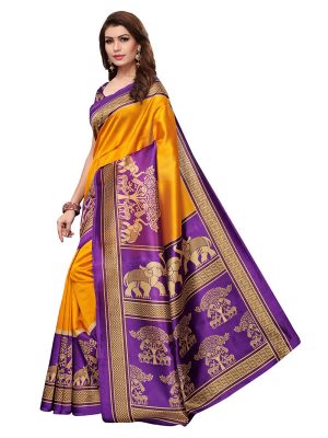 Vinayaka Yellow Printed Mysore Art Silk Kanjivaram Sarees With Blouse