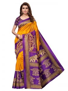 Vinayaka Yellow Printed Mysore Art Silk Kanjivaram Sarees With Blouse