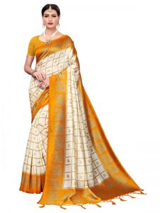 Wedding Mustard Printed Mysore Art Silk Kanjivaram Sarees With Blouse