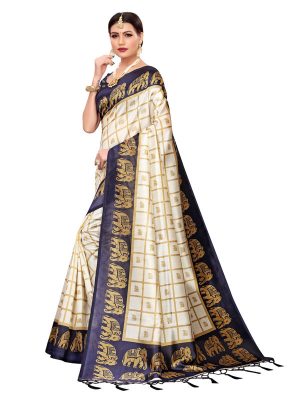 Wedding Navy Printed Mysore Art Silk Kanjivaram Sarees With Blouse