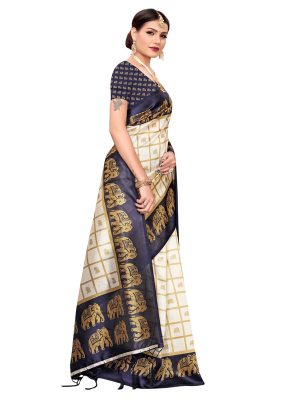 Wedding Navy Printed Mysore Art Silk Kanjivaram Sarees With Blouse