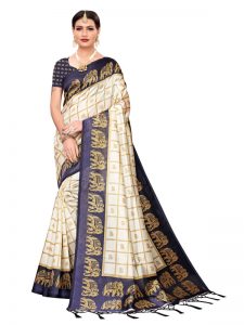 Wedding Navy Printed Mysore Art Silk Kanjivaram Sarees With Blouse