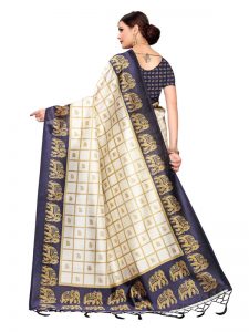 Wedding Navy Printed Mysore Art Silk Kanjivaram Sarees With Blouse