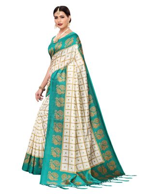 Wedding Peacock Green Printed Mysore Art Silk Kanjivaram Sarees With Blouse