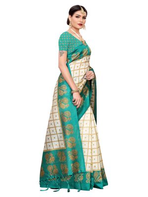 Wedding Peacock Green Printed Mysore Art Silk Kanjivaram Sarees With Blouse