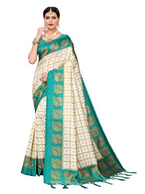 Wedding Peacock Green Printed Mysore Art Silk Kanjivaram Sarees With Blouse