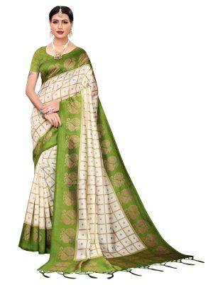 Wedding Peacock Mehendi Printed Mysore Art Silk Kanjivaram Sarees With Blouse