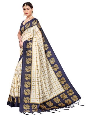 Wedding Peacock Navy Printed Mysore Art Silk Kanjivaram Sarees With Blouse