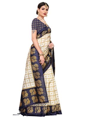 Wedding Peacock Navy Printed Mysore Art Silk Kanjivaram Sarees With Blouse