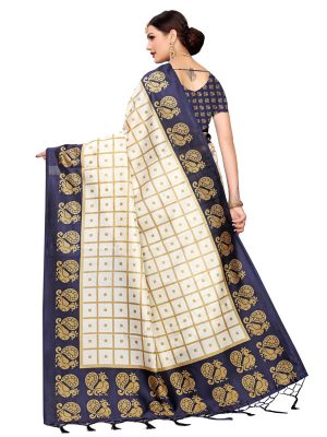 Wedding Peacock Navy Printed Mysore Art Silk Kanjivaram Sarees With Blouse