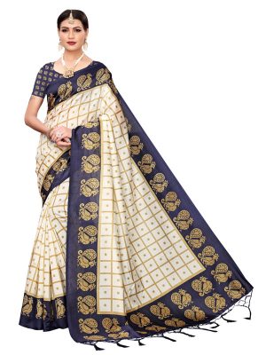 Wedding Peacock Navy Printed Mysore Art Silk Kanjivaram Sarees With Blouse