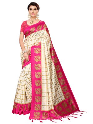 Wedding Peacock Pink Printed Mysore Art Silk Kanjivaram Sarees With Blouse