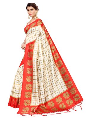 Wedding Peacock Red Printed Mysore Art Silk Kanjivaram Sarees With Blouse