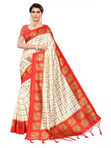 Wedding Peacock Red Printed Mysore Art Silk Kanjivaram Sarees With Blouse