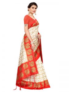 Wedding Peacock Red Printed Mysore Art Silk Kanjivaram Sarees With Blouse