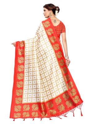 Wedding Peacock Red Printed Mysore Art Silk Kanjivaram Sarees With Blouse