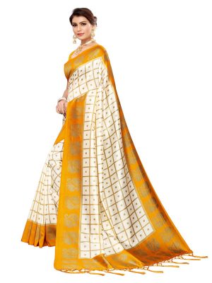 Wedding Peacock Yellow Printed Mysore Art Silk Kanjivaram Sarees With Blouse