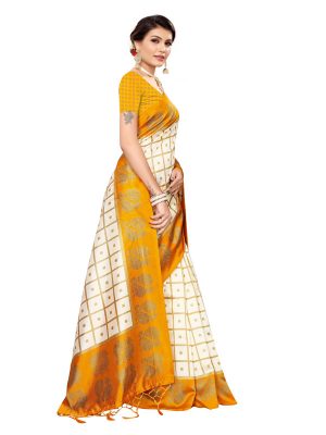 Wedding Peacock Yellow Printed Mysore Art Silk Kanjivaram Sarees With Blouse