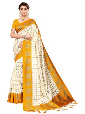 Wedding Peacock Yellow Printed Mysore Art Silk Kanjivaram Sarees With Blouse