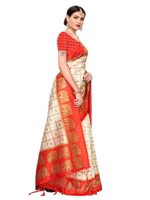 Wedding Red Printed Mysore Art Silk Kanjivaram Sarees With Blouse