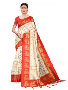 Wedding Red Printed Mysore Art Silk Kanjivaram Sarees With Blouse