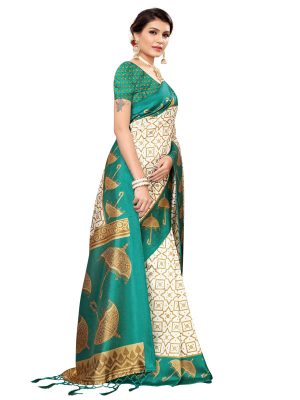 Wedding Umbrella Green Printed Mysore Art Silk Kanjivaram Sarees With Blouse