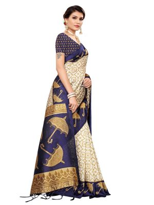 Wedding Umbrella Navy Printed Mysore Art Silk Kanjivaram Sarees With Blouse