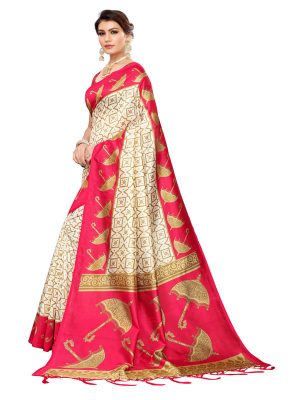 Wedding Umbrella Pink Printed Mysore Art Silk Kanjivaram Sarees With Blouse