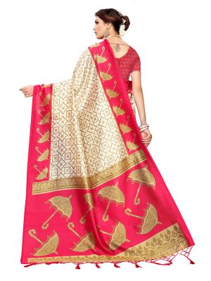Wedding Umbrella Pink Printed Mysore Art Silk Kanjivaram Sarees With Blouse