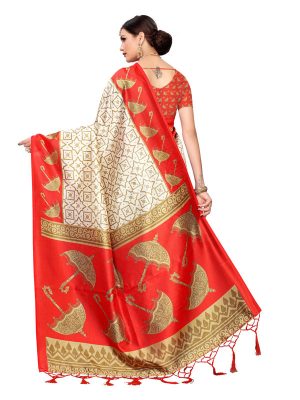 Wedding Umbrella Red Printed Mysore Art Silk Kanjivaram Sarees With Blouse