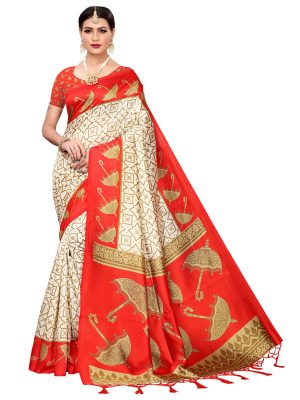 Wedding Umbrella Red Printed Mysore Art Silk Kanjivaram Sarees With Blouse