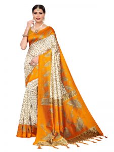 Wedding Umbrella Yellow Printed Mysore Art Silk Kanjivaram Sarees With Blouse